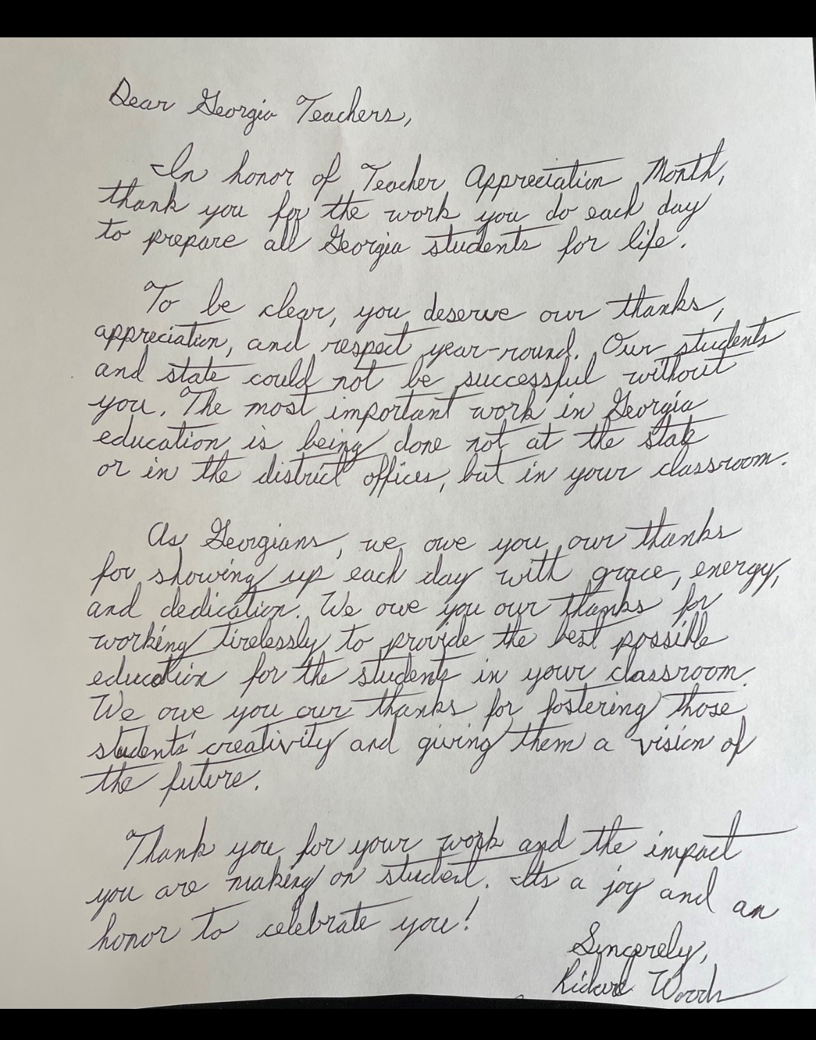 A handwritten letter from Superintendent Woods to Georgia's teachers in appreciation during Teacher Appreciation Month. 